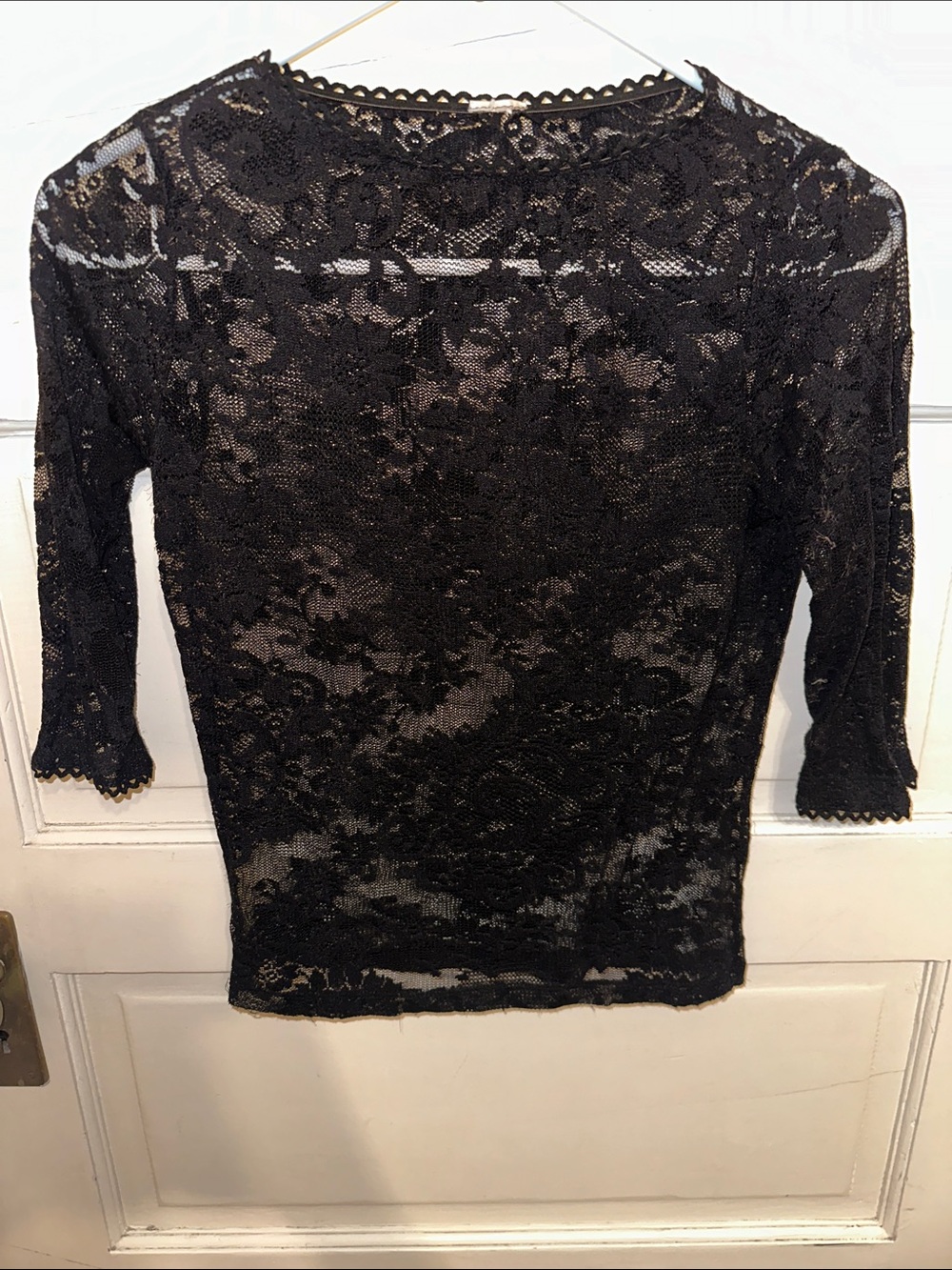Black Sheer Lace Top 3/4 Sleeve Mesh Crew High Neckline Scalloped Trim Edges